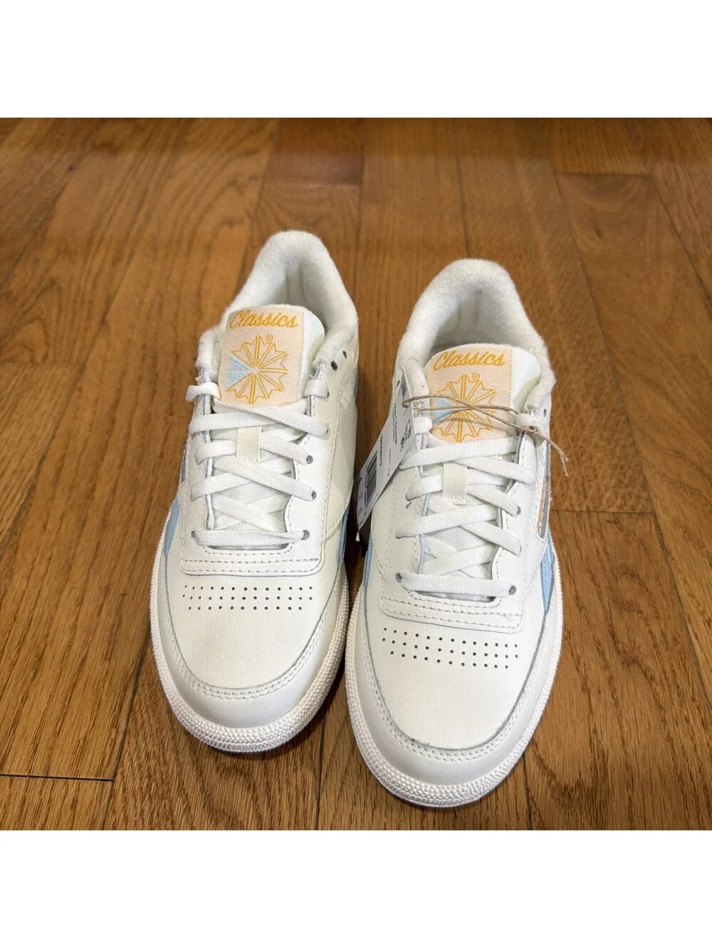 Size 6 US women’s Reebok Club C Revenge Sneakers White Light Blue Gold Leather